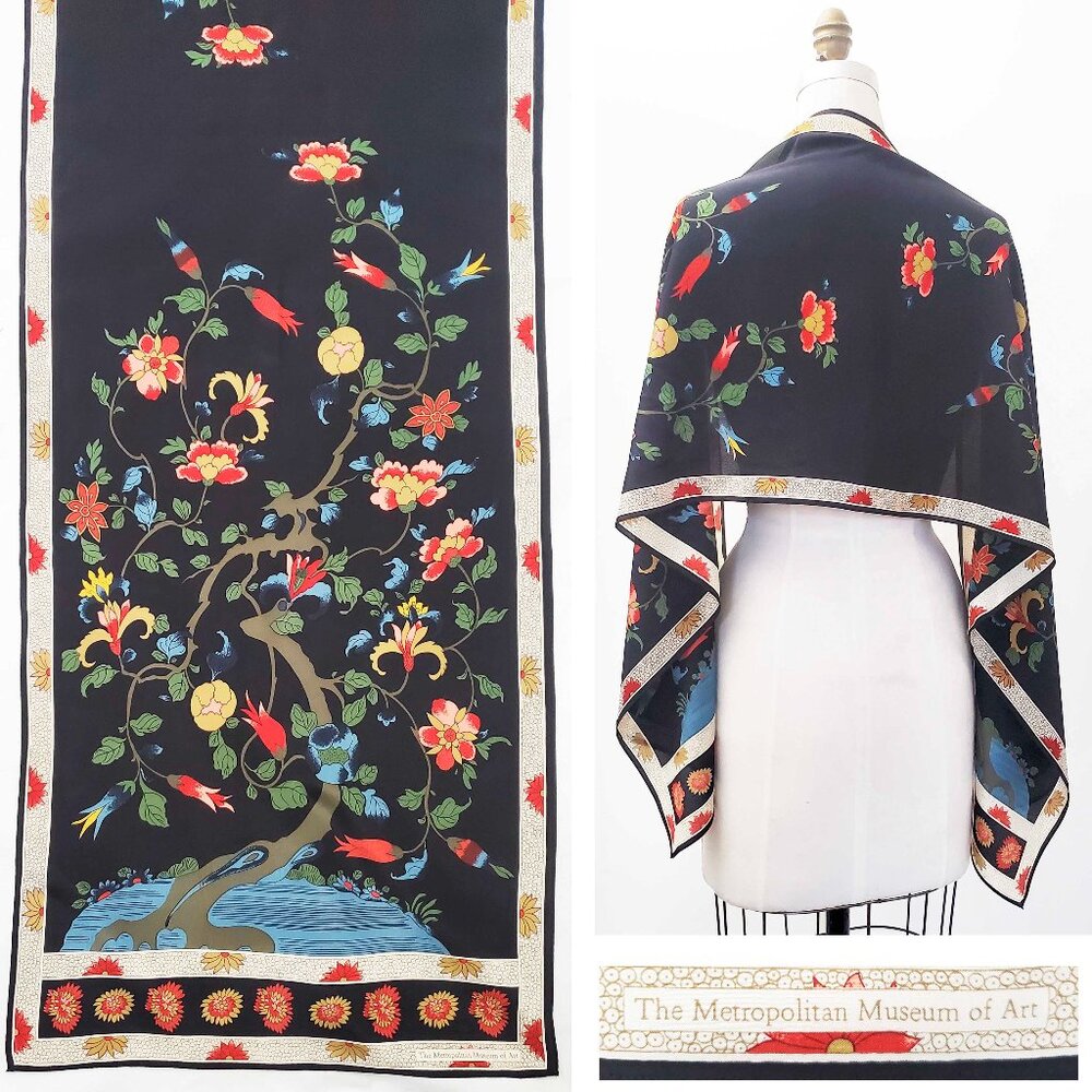 VTG Metropolitan Museum of Art Qing Dynasty Tree 100% Silk Oblong Scarf Floral - Picture 9 of 9